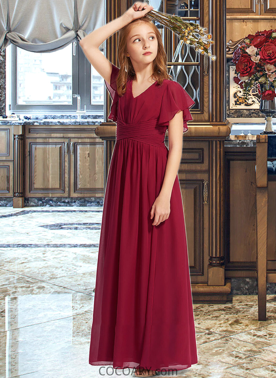 Pearl A-Line V-neck Floor-Length Chiffon Junior Bridesmaid Dress With Ruffle DA8P0013405