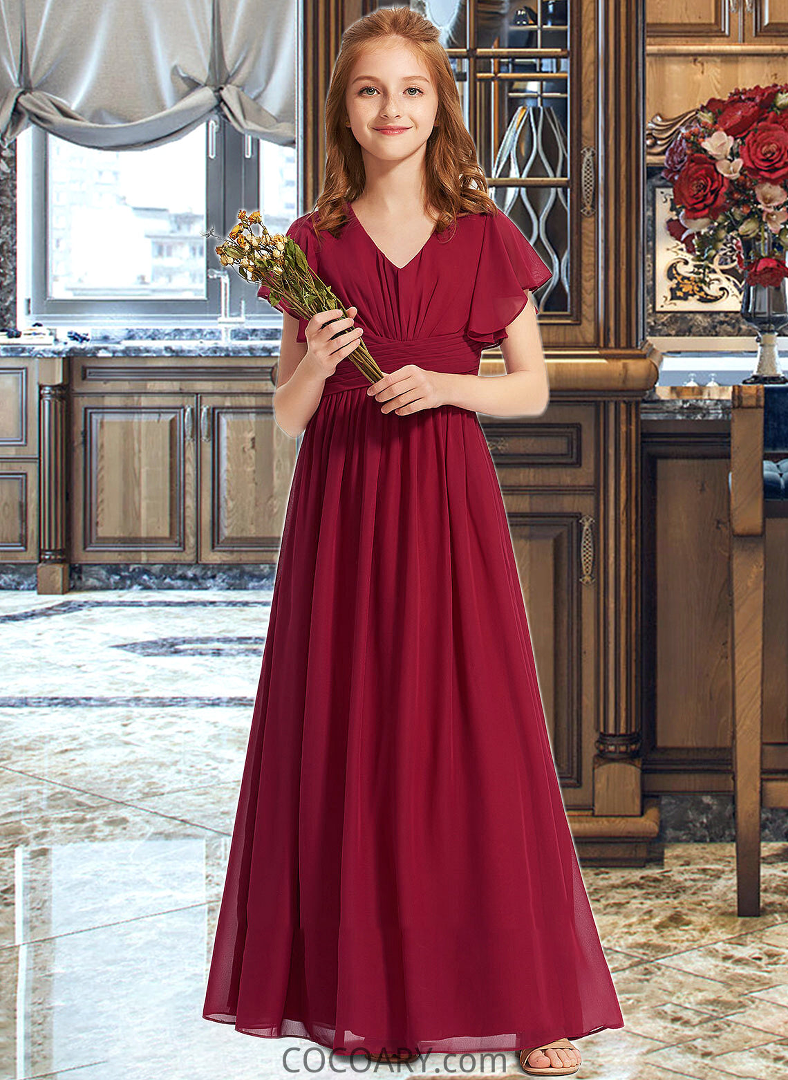 Pearl A-Line V-neck Floor-Length Chiffon Junior Bridesmaid Dress With Ruffle DA8P0013405