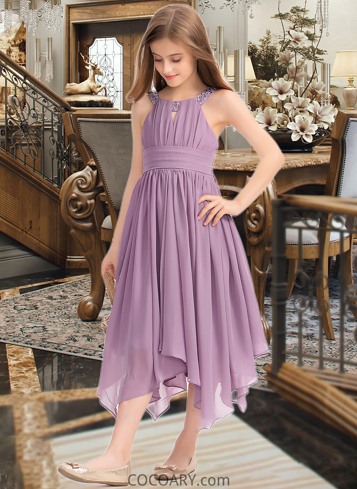 Tabitha A-Line Scoop Neck Tea-Length Chiffon Junior Bridesmaid Dress With Ruffle Beading Bow(s) DA8P0013406