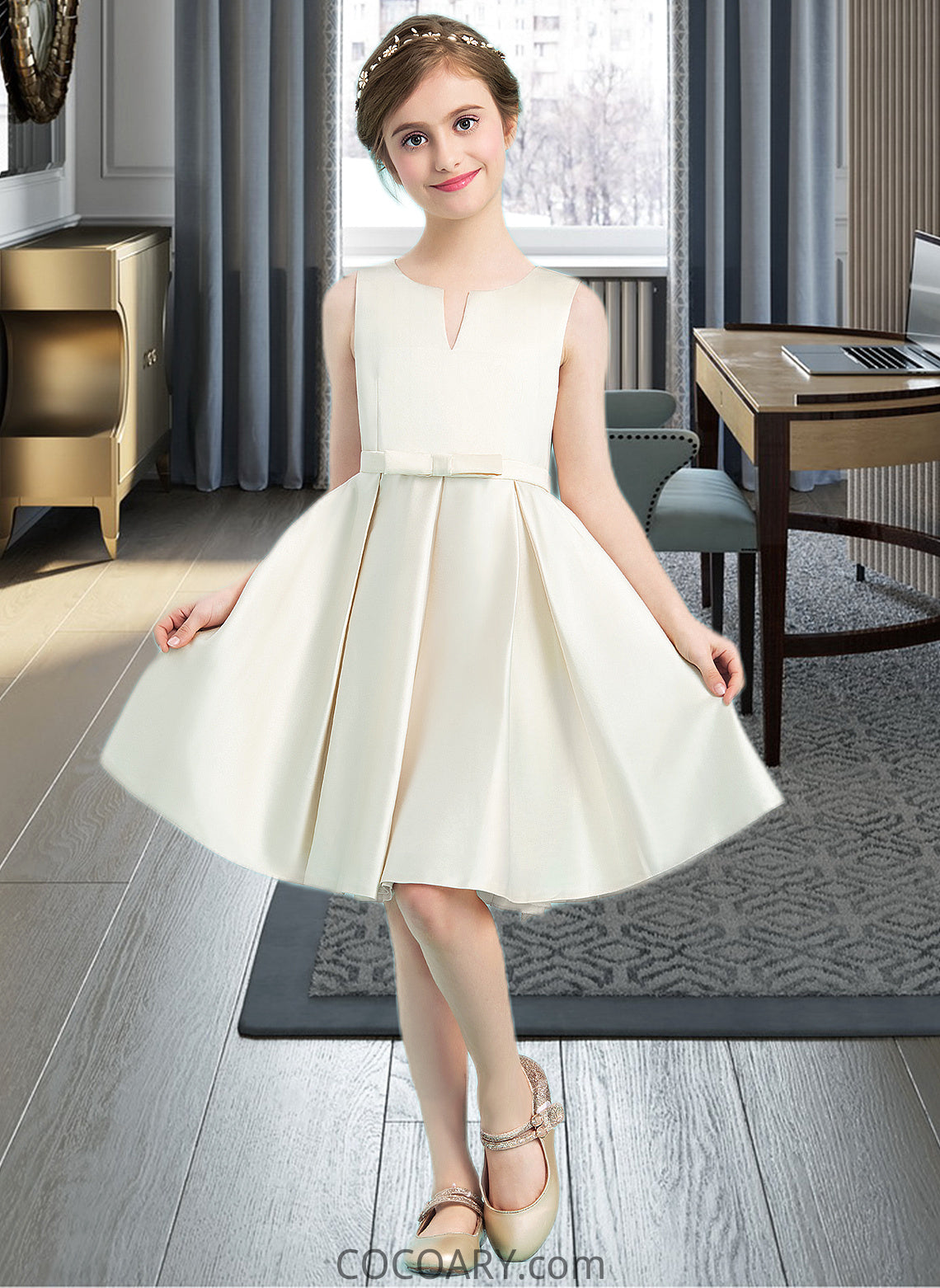 Rebekah A-Line Scoop Neck Knee-Length Satin Junior Bridesmaid Dress With Bow(s) DA8P0013411