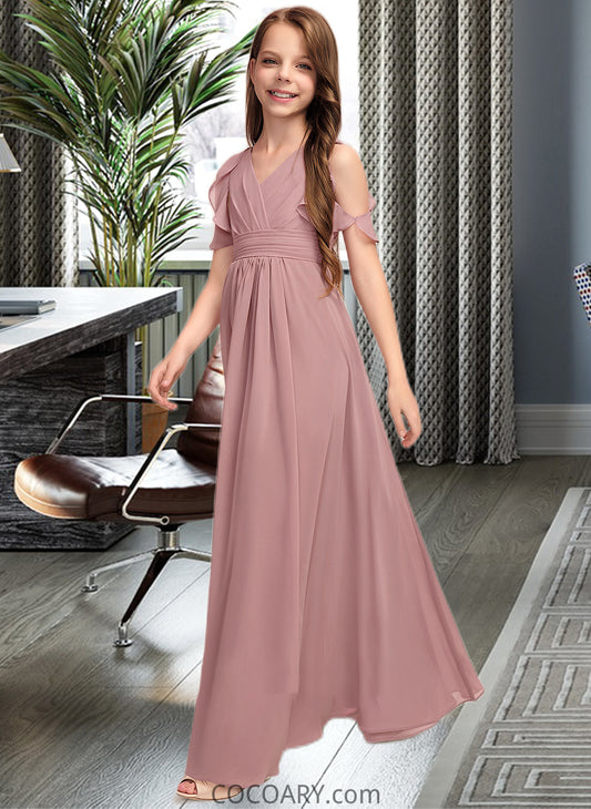 Yaretzi A-Line V-neck Floor-Length Chiffon Junior Bridesmaid Dress With Cascading Ruffles DA8P0013413