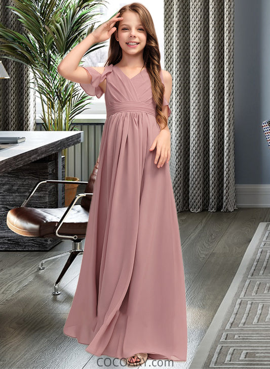 Yaretzi A-Line V-neck Floor-Length Chiffon Junior Bridesmaid Dress With Cascading Ruffles DA8P0013413