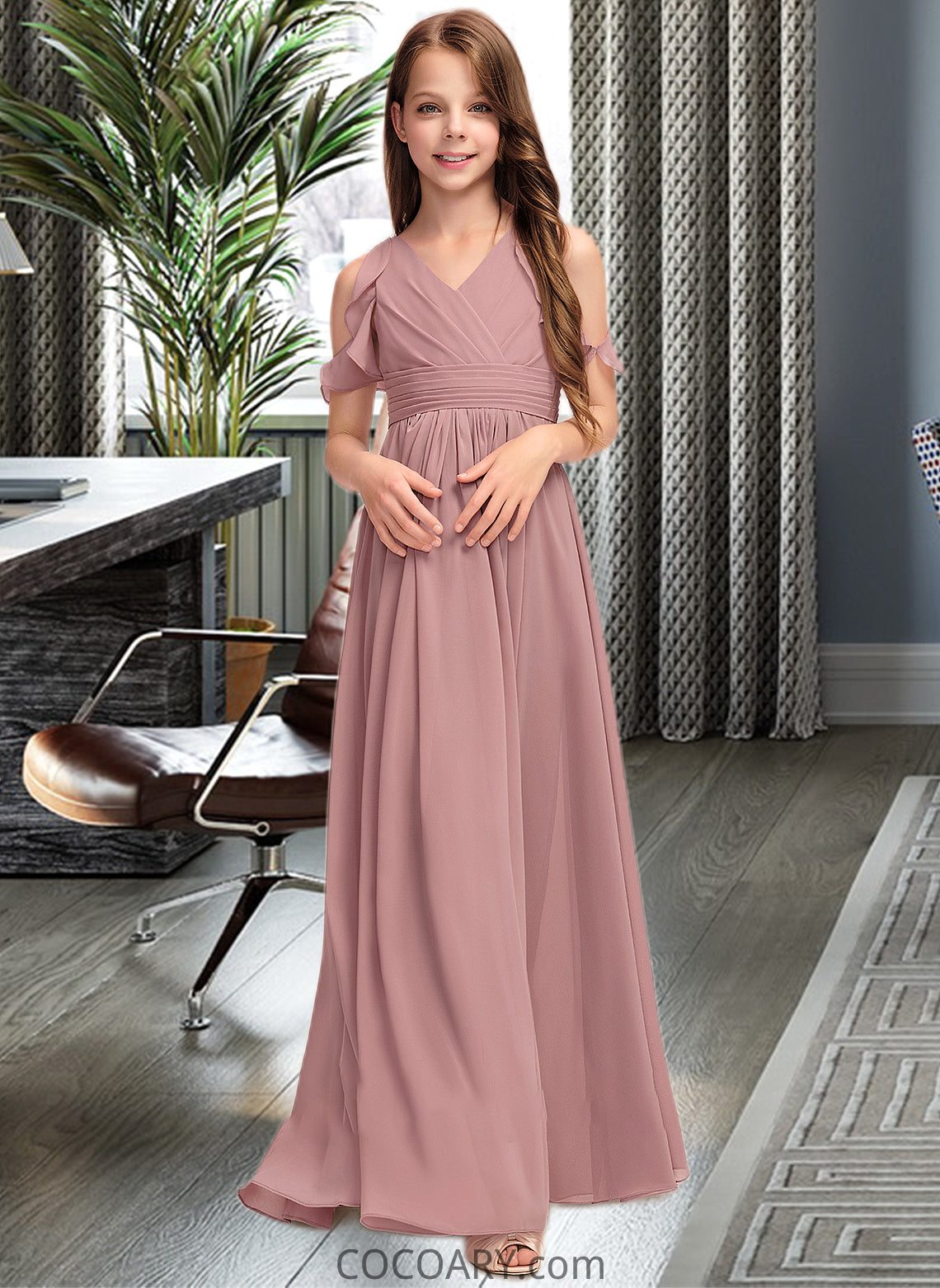 Yaretzi A-Line V-neck Floor-Length Chiffon Junior Bridesmaid Dress With Cascading Ruffles DA8P0013413