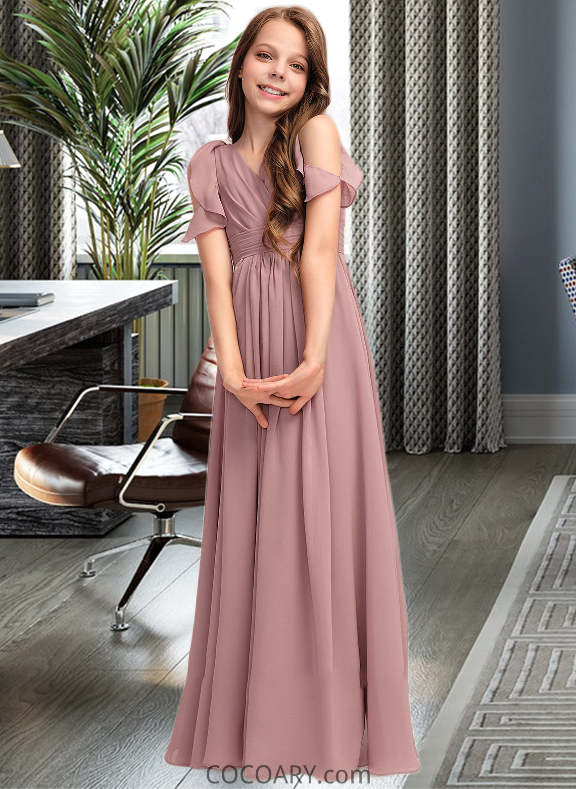 Yaretzi A-Line V-neck Floor-Length Chiffon Junior Bridesmaid Dress With Cascading Ruffles DA8P0013413