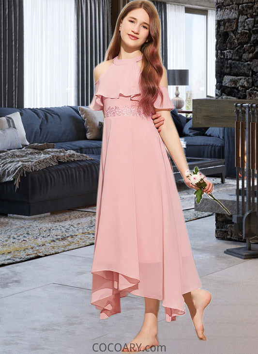 Vivien A-Line Scoop Neck Tea-Length Chiffon Lace Junior Bridesmaid Dress DA8P0013414