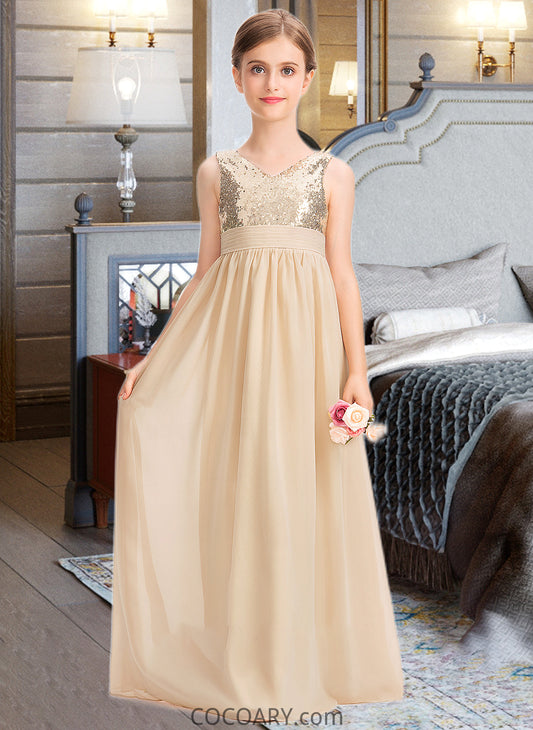 Karlee A-Line V-neck Floor-Length Chiffon Sequined Junior Bridesmaid Dress With Ruffle DA8P0013430