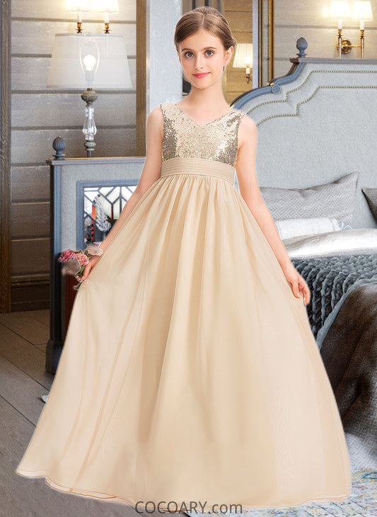 Karlee A-Line V-neck Floor-Length Chiffon Sequined Junior Bridesmaid Dress With Ruffle DA8P0013430