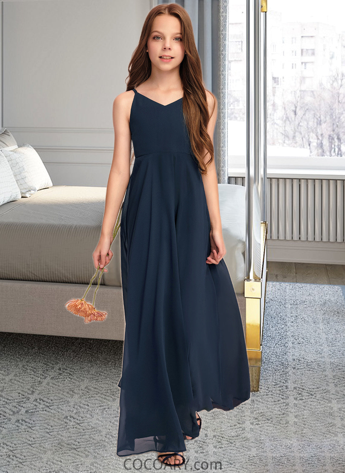 Siena A-Line V-neck Floor-Length Chiffon Junior Bridesmaid Dress With Bow(s) DA8P0013432