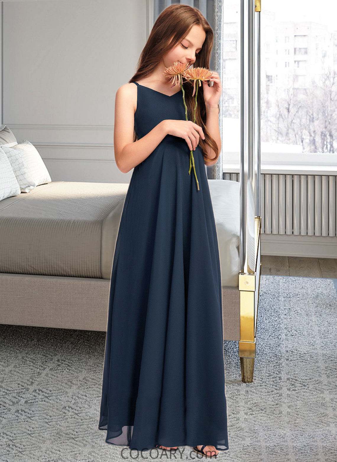 Siena A-Line V-neck Floor-Length Chiffon Junior Bridesmaid Dress With Bow(s) DA8P0013432