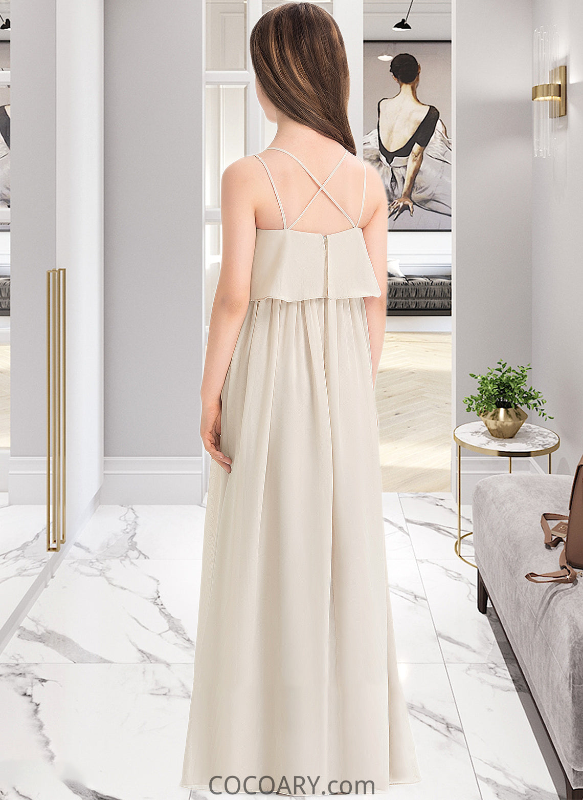 Carly A-Line V-neck Floor-Length Chiffon Junior Bridesmaid Dress DA8P0013435