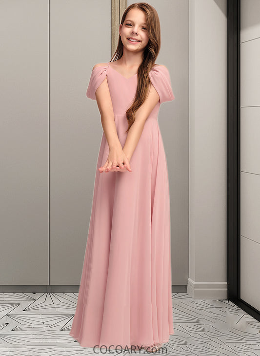 Jaylen A-Line V-neck Floor-Length Chiffon Junior Bridesmaid Dress With Ruffle DA8P0013437