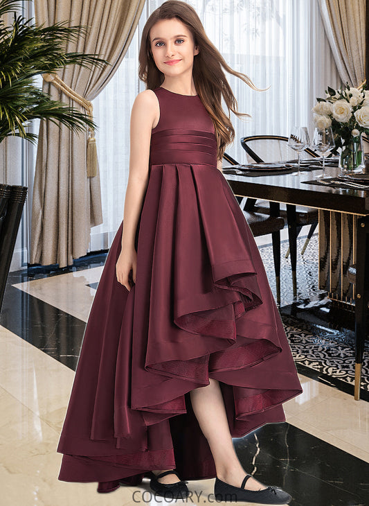 Savanna A-Line Scoop Neck Asymmetrical Satin Junior Bridesmaid Dress With Ruffle DA8P0013439