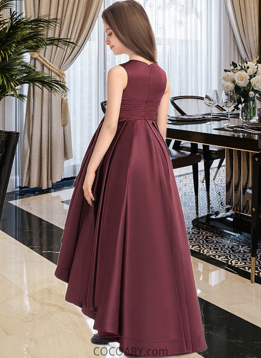 Savanna A-Line Scoop Neck Asymmetrical Satin Junior Bridesmaid Dress With Ruffle DA8P0013439