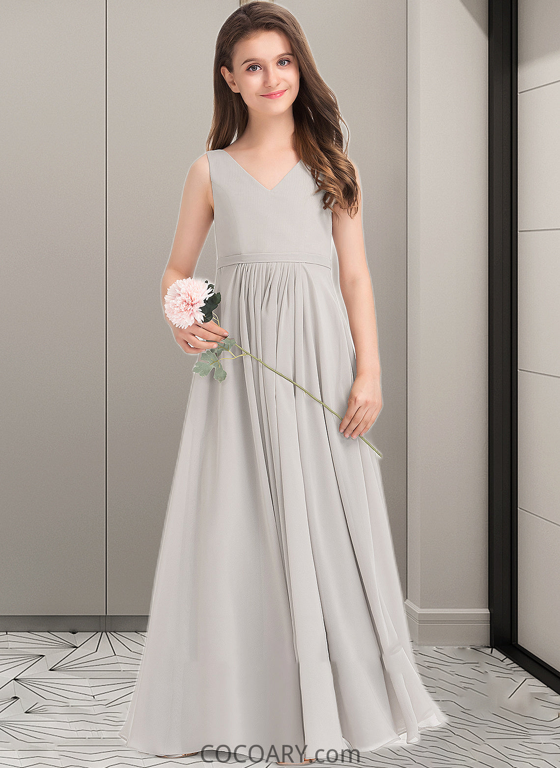 Annabelle A-Line V-neck Floor-Length Chiffon Junior Bridesmaid Dress With Pockets DA8P0013446