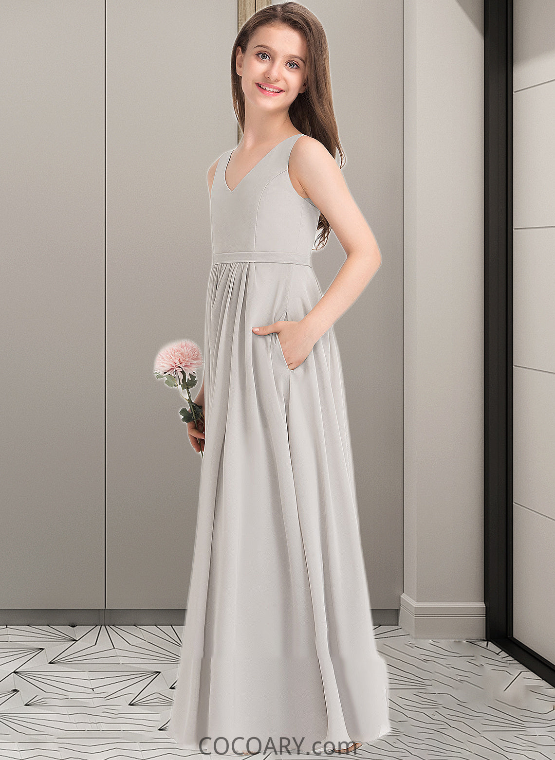 Annabelle A-Line V-neck Floor-Length Chiffon Junior Bridesmaid Dress With Pockets DA8P0013446