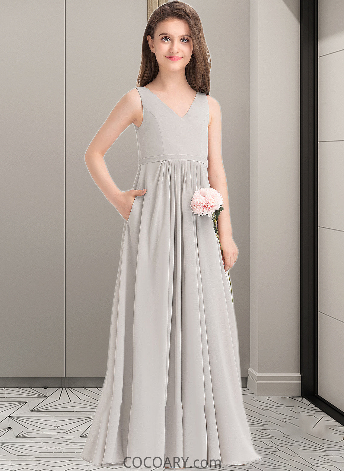 Annabelle A-Line V-neck Floor-Length Chiffon Junior Bridesmaid Dress With Pockets DA8P0013446