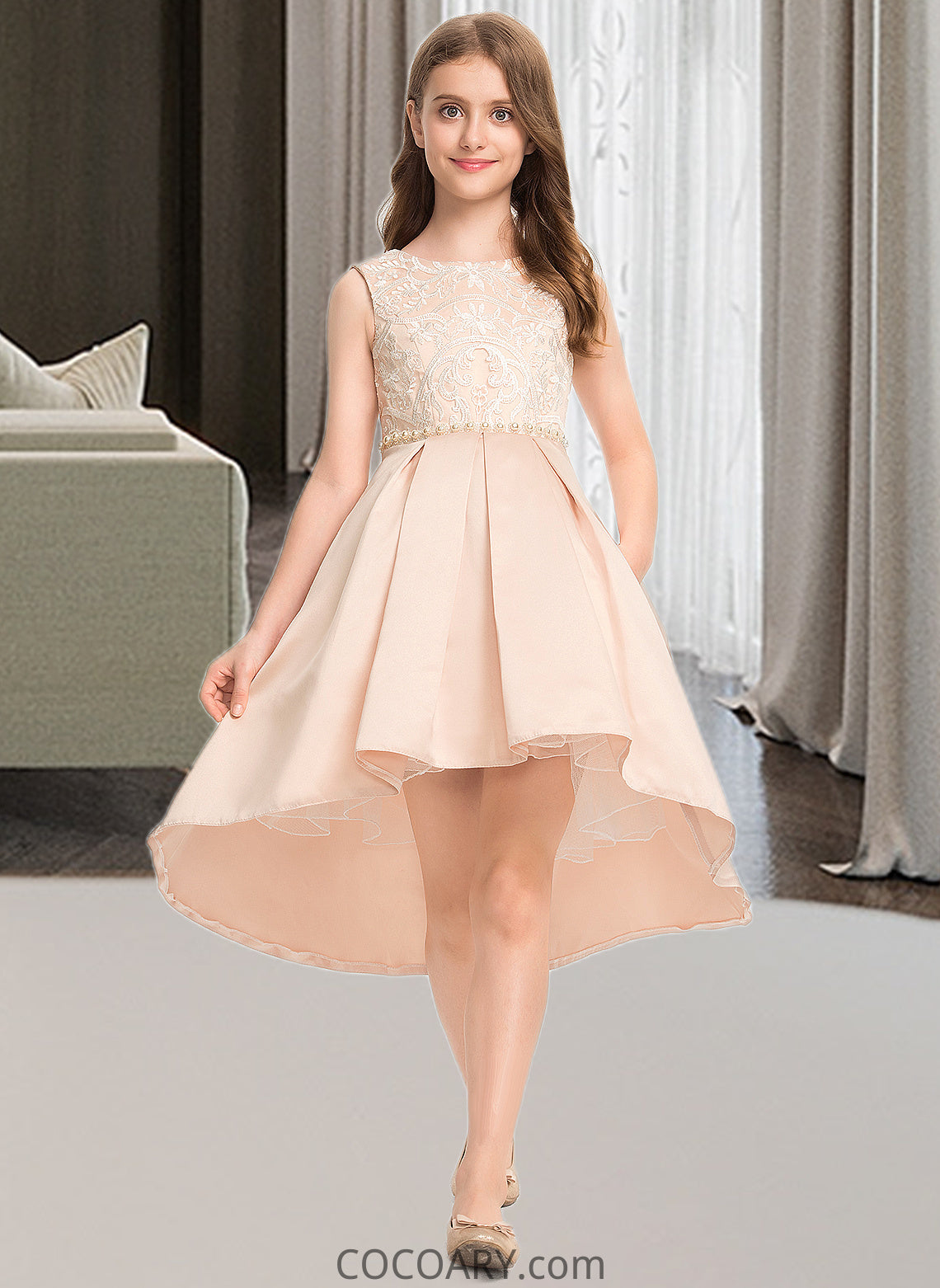 Ashtyn A-Line Scoop Neck Asymmetrical Satin Lace Junior Bridesmaid Dress With Beading Pockets DA8P0013455