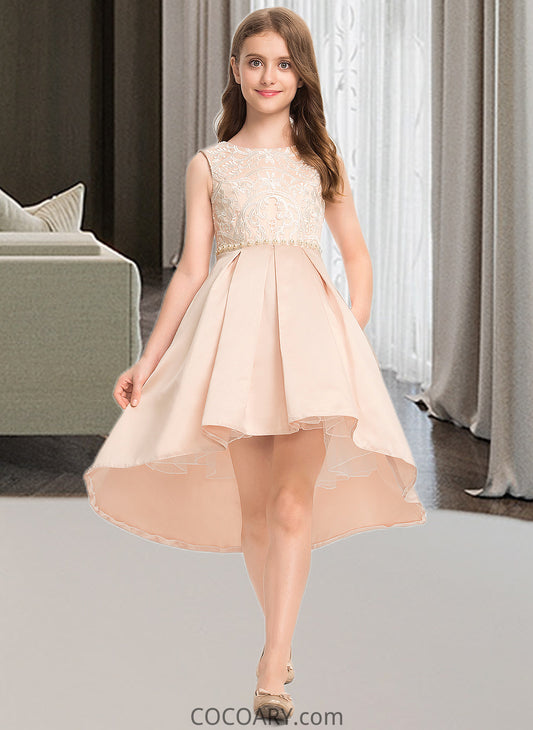 Ashtyn A-Line Scoop Neck Asymmetrical Satin Lace Junior Bridesmaid Dress With Beading Pockets DA8P0013455