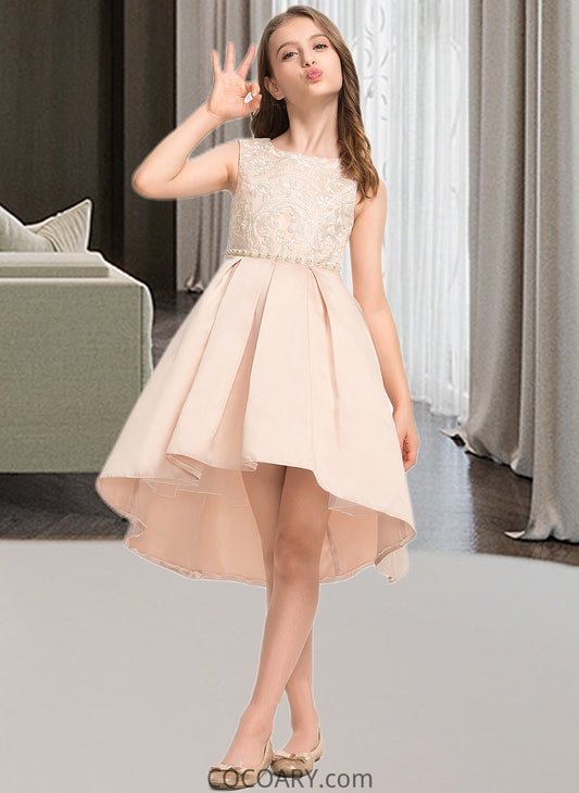 Ashtyn A-Line Scoop Neck Asymmetrical Satin Lace Junior Bridesmaid Dress With Beading Pockets DA8P0013455