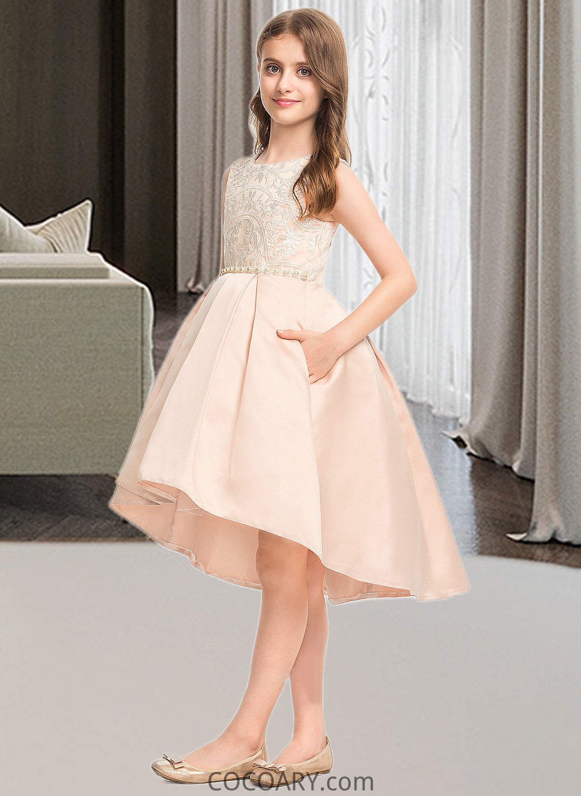 Ashtyn A-Line Scoop Neck Asymmetrical Satin Lace Junior Bridesmaid Dress With Beading Pockets DA8P0013455