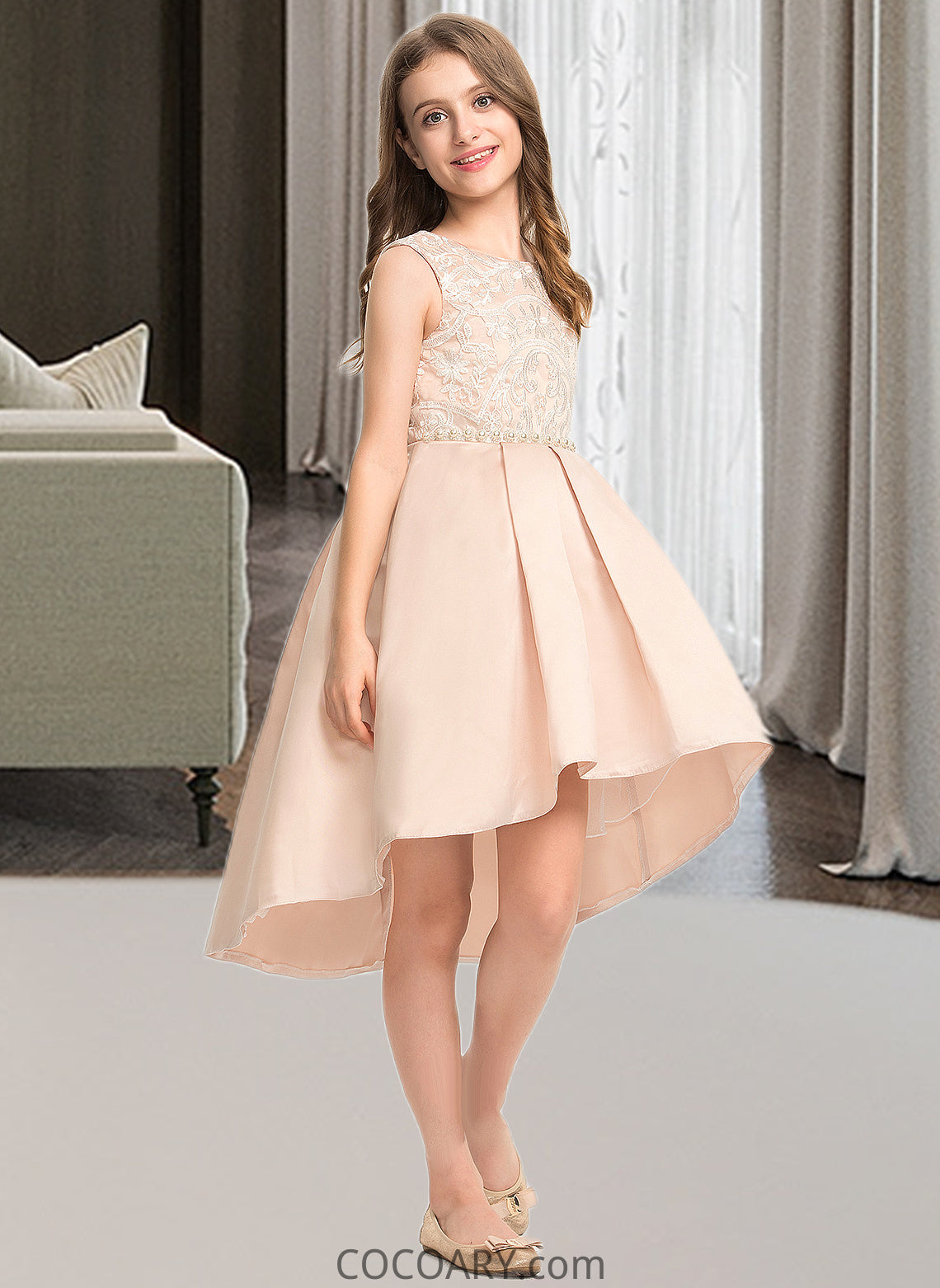 Ashtyn A-Line Scoop Neck Asymmetrical Satin Lace Junior Bridesmaid Dress With Beading Pockets DA8P0013455