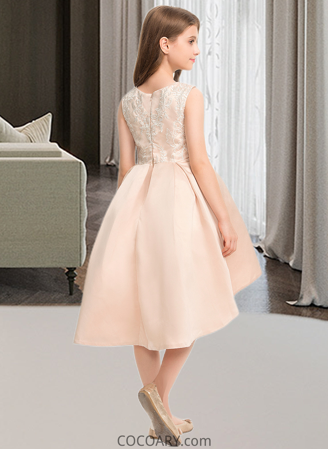 Ashtyn A-Line Scoop Neck Asymmetrical Satin Lace Junior Bridesmaid Dress With Beading Pockets DA8P0013455