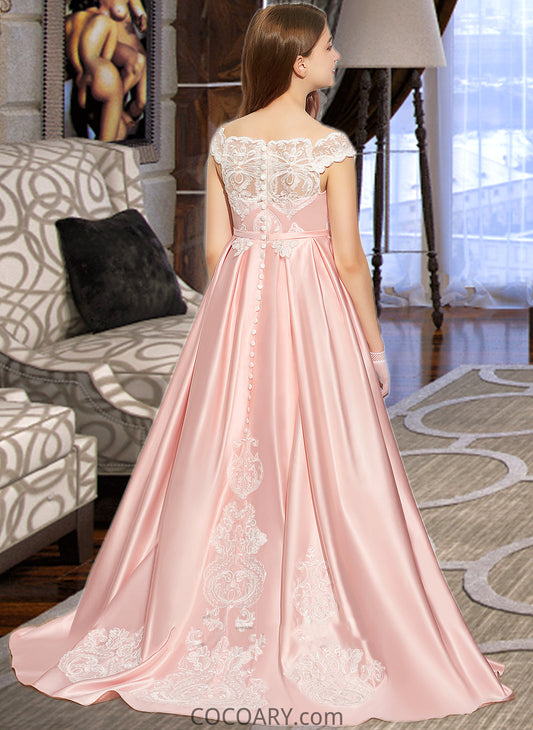 Christine Ball-Gown/Princess Off-the-Shoulder Sweep Train Satin Lace Junior Bridesmaid Dress DA8P0013460