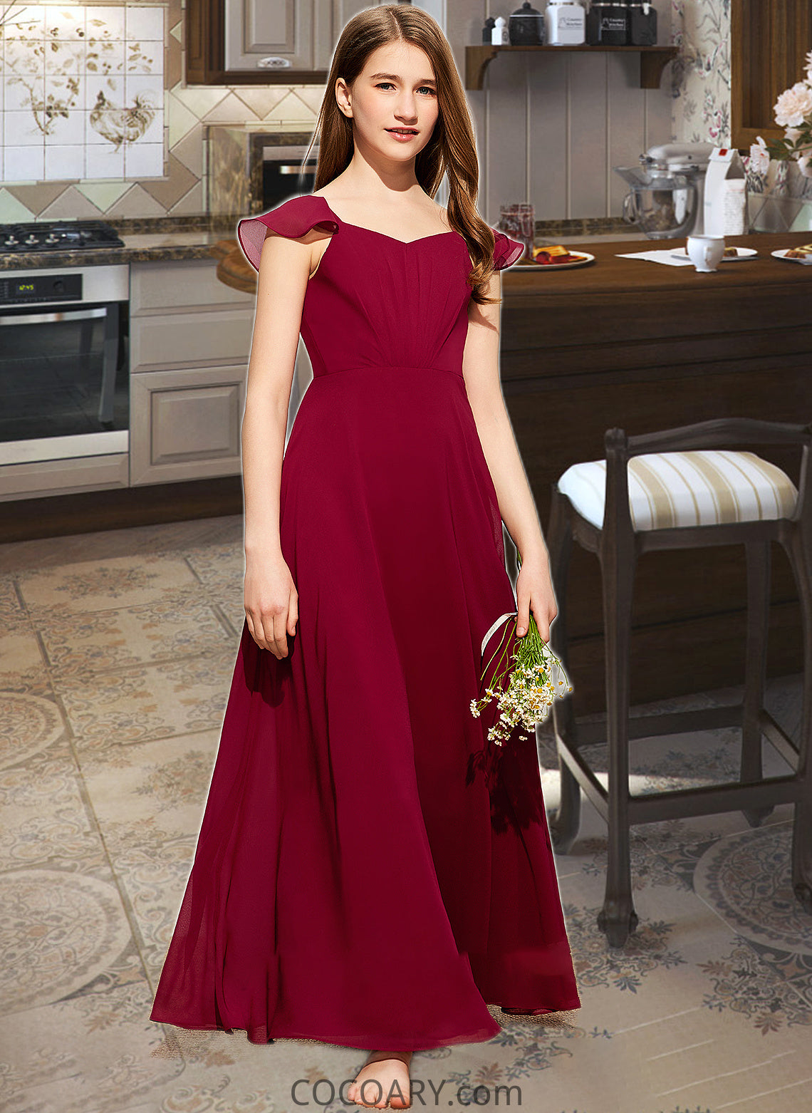 Taryn A-Line V-neck Floor-Length Chiffon Junior Bridesmaid Dress With Ruffle DA8P0013461