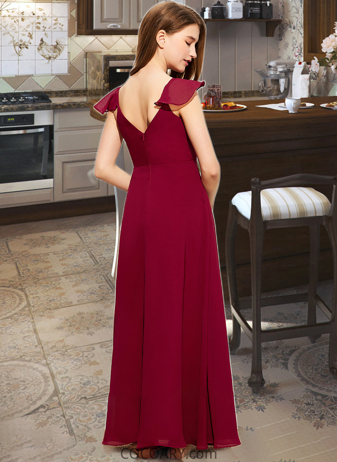 Taryn A-Line V-neck Floor-Length Chiffon Junior Bridesmaid Dress With Ruffle DA8P0013461