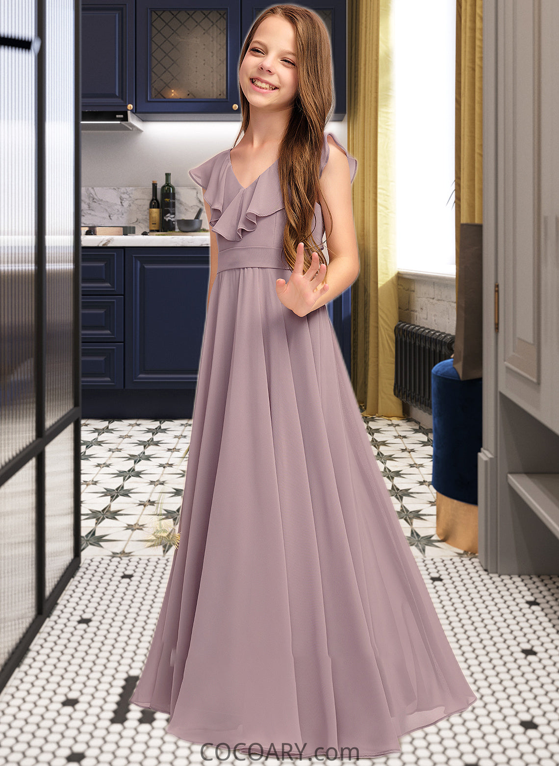 Marin A-Line V-neck Floor-Length Chiffon Junior Bridesmaid Dress With Cascading Ruffles DA8P0013464