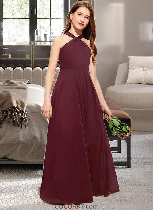 Briana A-Line V-neck Floor-Length Chiffon Junior Bridesmaid Dress With Ruffle DA8P0013468