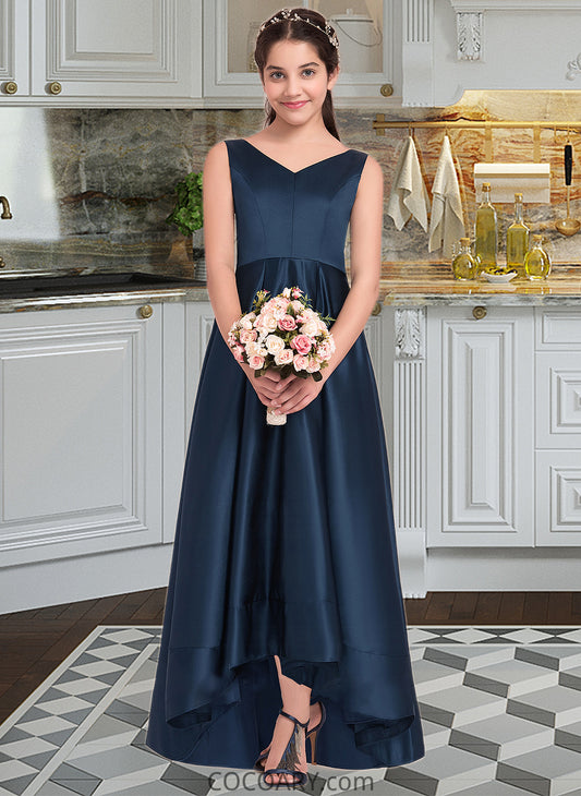 Emmy A-Line V-neck Asymmetrical Satin Junior Bridesmaid Dress DA8P0013471