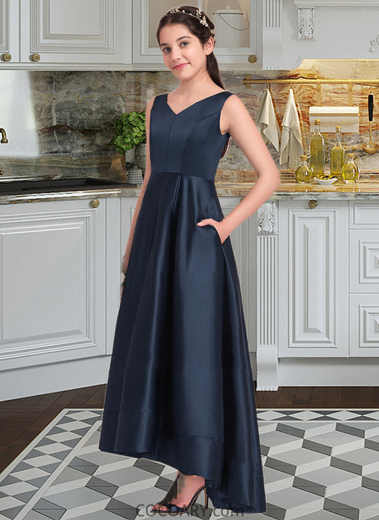 Emmy A-Line V-neck Asymmetrical Satin Junior Bridesmaid Dress DA8P0013471