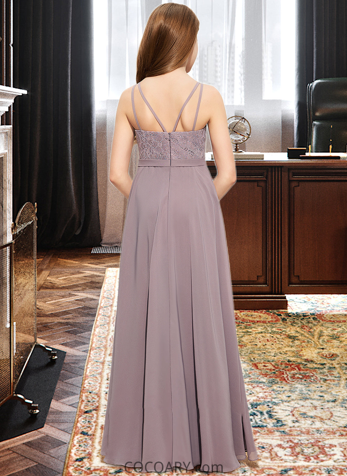 Alexa A-Line V-neck Floor-Length Chiffon Lace Junior Bridesmaid Dress DA8P0013476