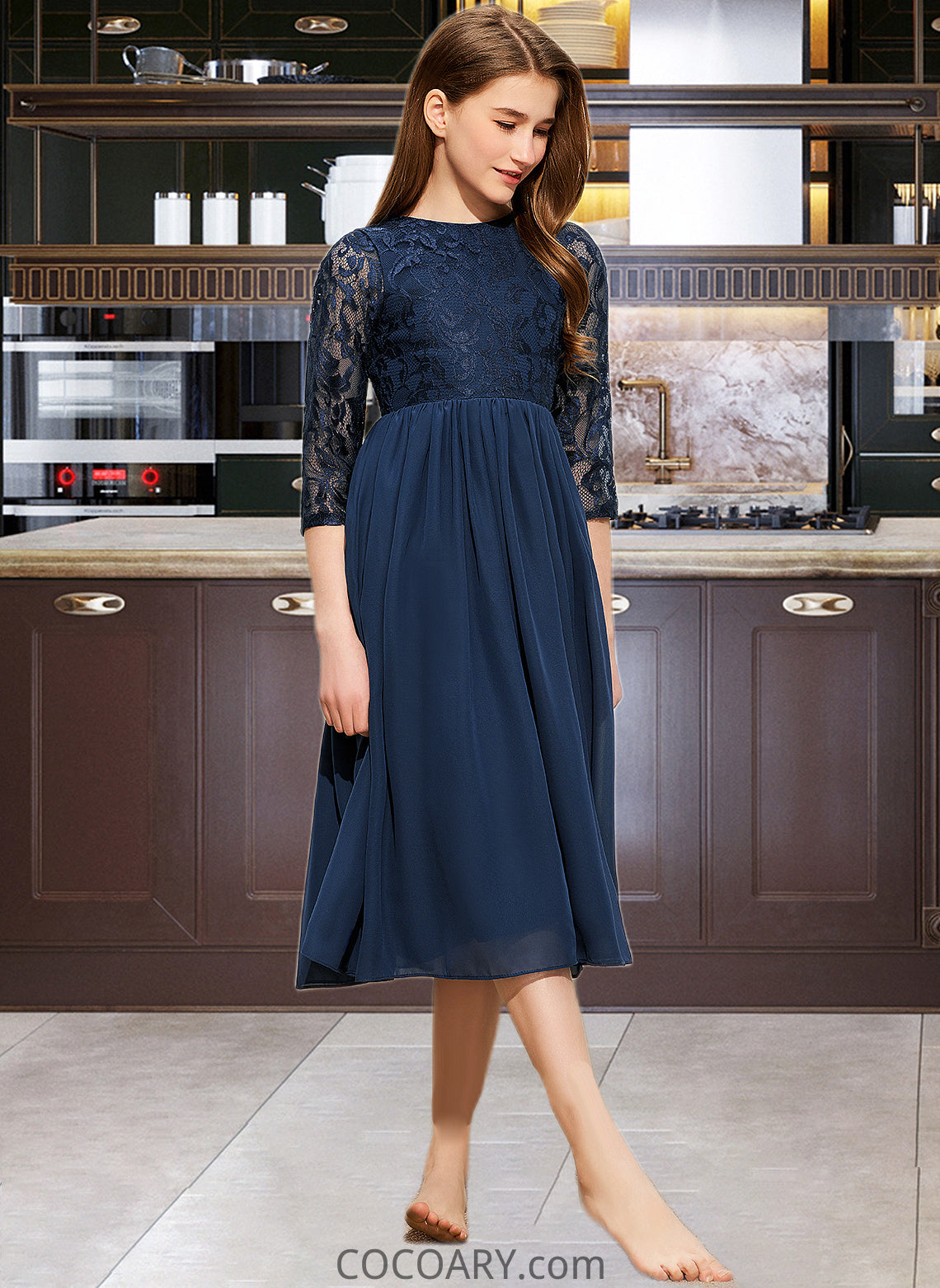 Aliza A-Line Scoop Neck Tea-Length Chiffon Lace Junior Bridesmaid Dress DA8P0013477