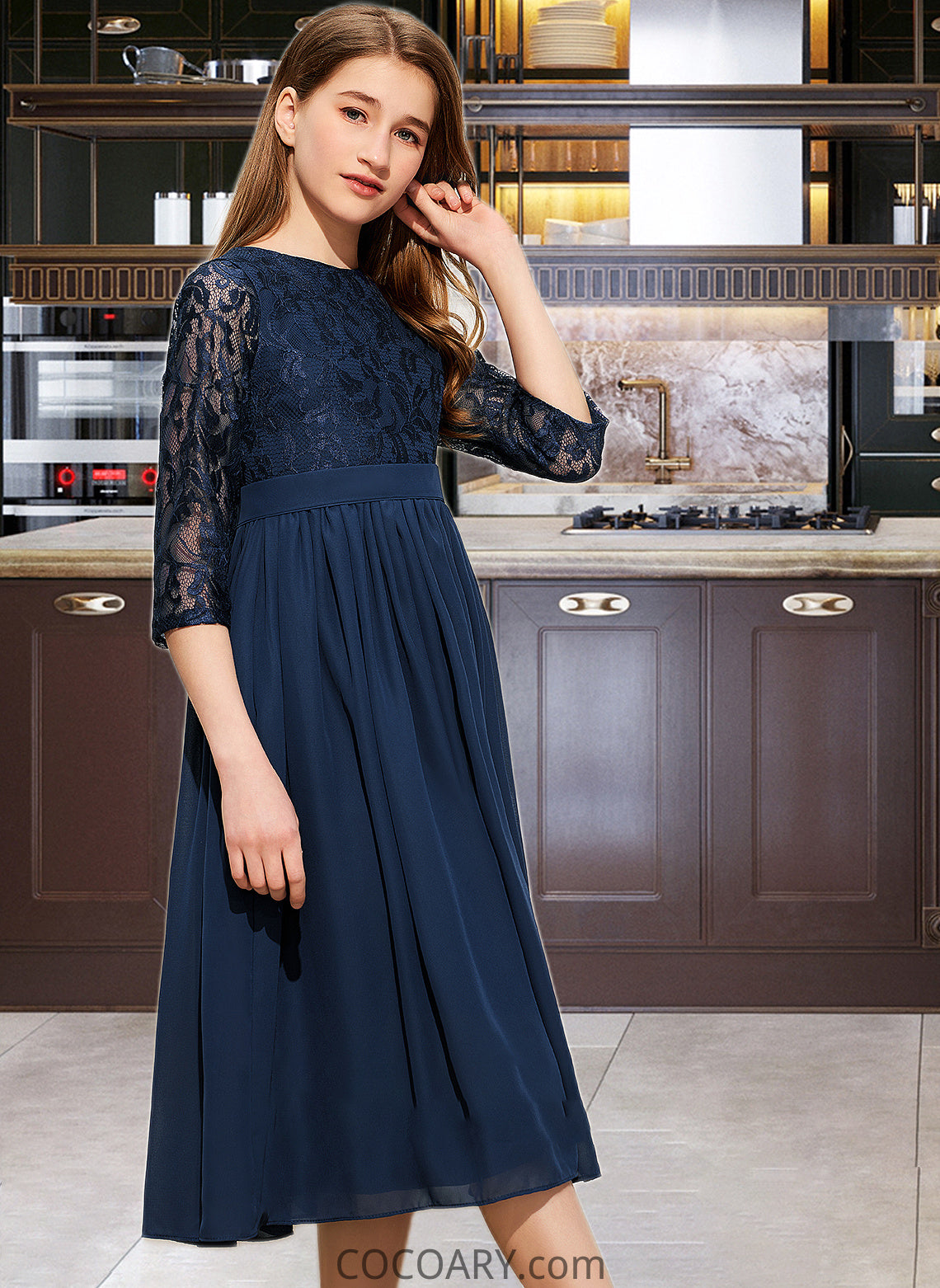 Aliza A-Line Scoop Neck Tea-Length Chiffon Lace Junior Bridesmaid Dress DA8P0013477