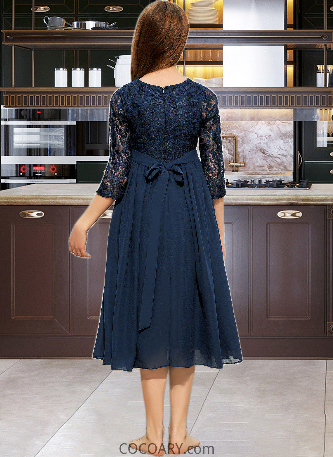 Aliza A-Line Scoop Neck Tea-Length Chiffon Lace Junior Bridesmaid Dress DA8P0013477