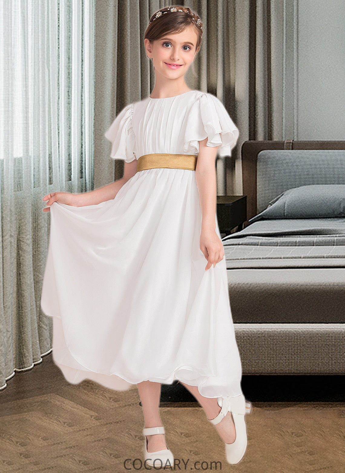 Madilyn A-Line Scoop Neck Tea-Length Chiffon Junior Bridesmaid Dress With Ruffle Sash DA8P0013482