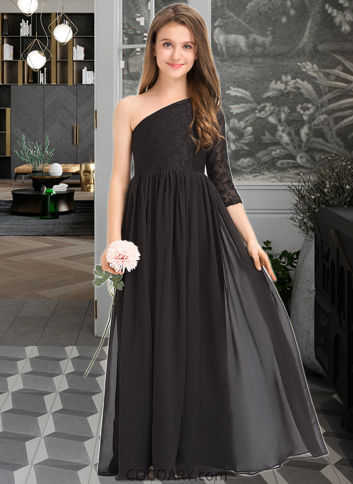 Areli A-Line One-Shoulder Floor-Length Chiffon Lace Junior Bridesmaid Dress DA8P0013486