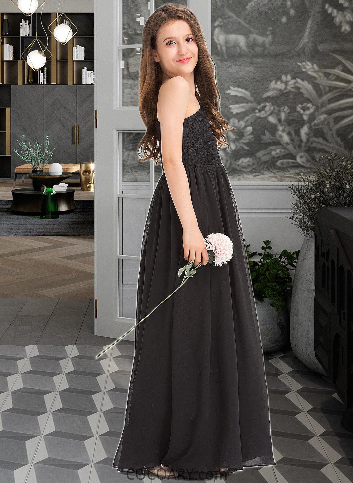 Areli A-Line One-Shoulder Floor-Length Chiffon Lace Junior Bridesmaid Dress DA8P0013486