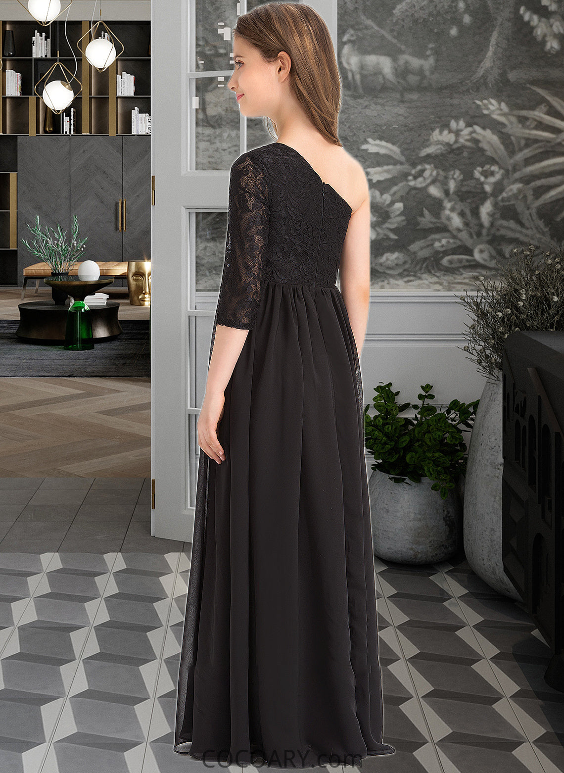 Areli A-Line One-Shoulder Floor-Length Chiffon Lace Junior Bridesmaid Dress DA8P0013486