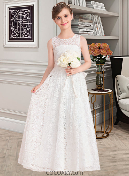 Yoselin A-Line Scoop Neck Floor-Length Lace Junior Bridesmaid Dress With Sash Bow(s) DA8P0013490