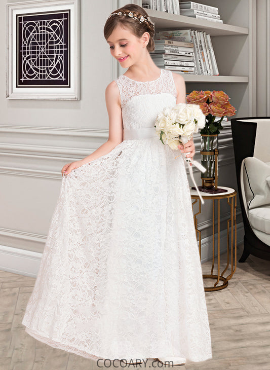 Yoselin A-Line Scoop Neck Floor-Length Lace Junior Bridesmaid Dress With Sash Bow(s) DA8P0013490