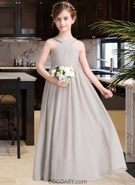 Gisselle A-Line V-neck Floor-Length Chiffon Junior Bridesmaid Dress With Ruffle Bow(s) DA8P0013491