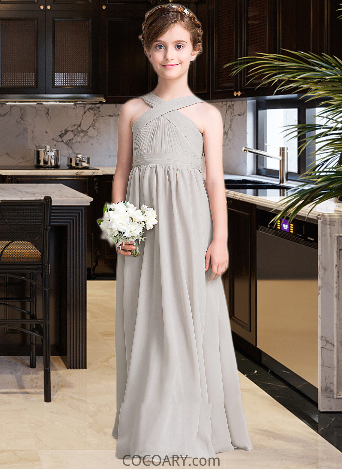 Gisselle A-Line V-neck Floor-Length Chiffon Junior Bridesmaid Dress With Ruffle Bow(s) DA8P0013491