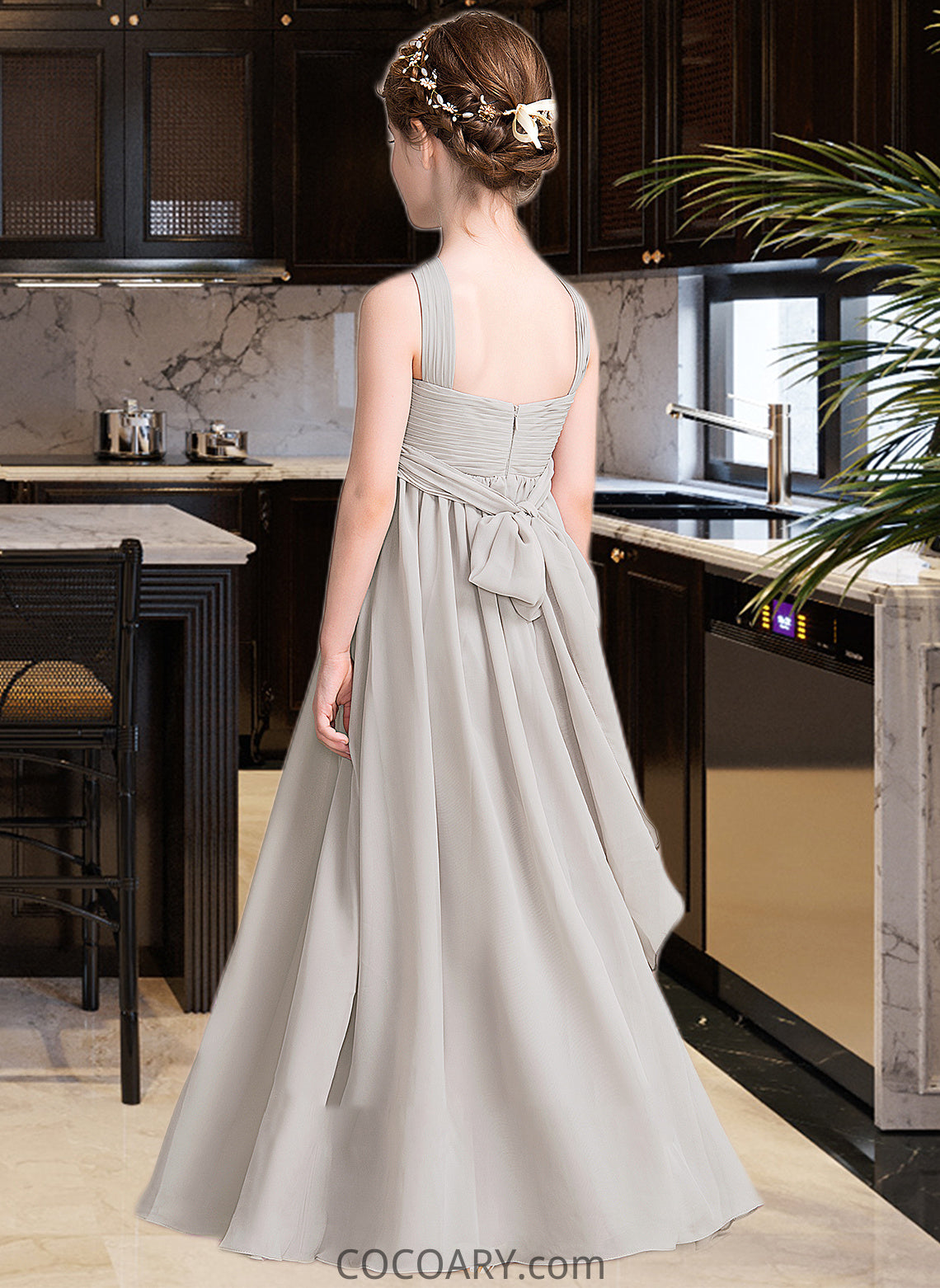 Gisselle A-Line V-neck Floor-Length Chiffon Junior Bridesmaid Dress With Ruffle Bow(s) DA8P0013491