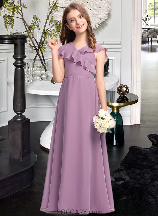 Laney A-Line V-neck Floor-Length Chiffon Junior Bridesmaid Dress With Bow(s) Cascading Ruffles DA8P0013494