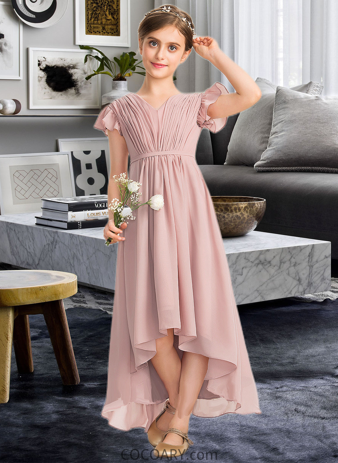 Shea A-Line V-neck Asymmetrical Chiffon Junior Bridesmaid Dress With Bow(s) Cascading Ruffles DA8P0013496