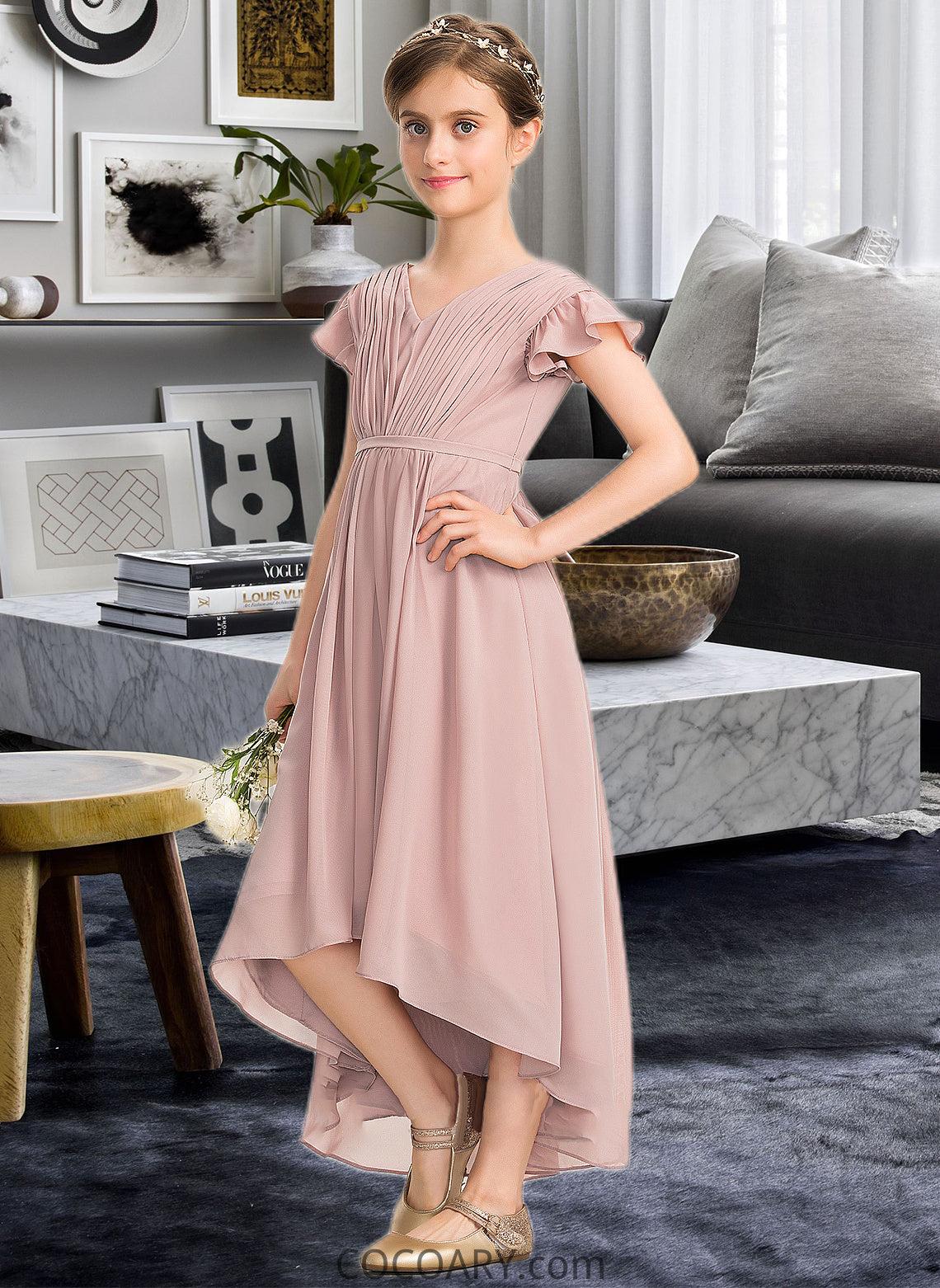 Shea A-Line V-neck Asymmetrical Chiffon Junior Bridesmaid Dress With Bow(s) Cascading Ruffles DA8P0013496