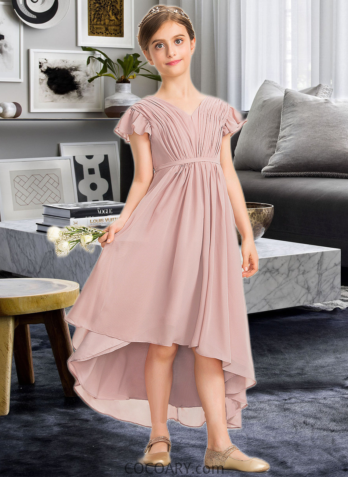 Shea A-Line V-neck Asymmetrical Chiffon Junior Bridesmaid Dress With Bow(s) Cascading Ruffles DA8P0013496